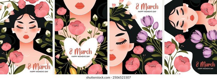 Set of postcards for women's day.Beautiful girl with a flower wreath,bouquet of spring flowers, flower frame.Bright spring greeting card design.