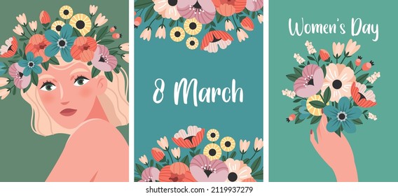 Set of postcards for women's day.Beautiful woman with a flower wreath,bouquet of spring flowers, flower frame. 