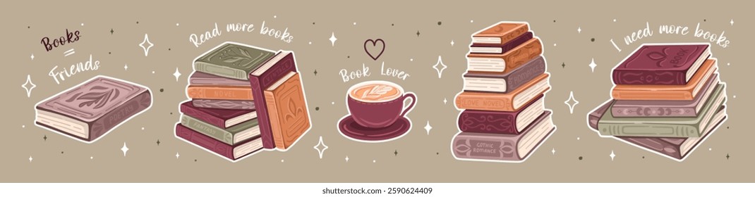 Set of postcards for world book day. Stacks of books, open and closed books to read in flat design style with plants. Vector.