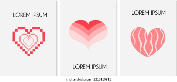 Set of postcards with y2k hearts. Posters in the style of the 2000s. Vector illustration in flat style