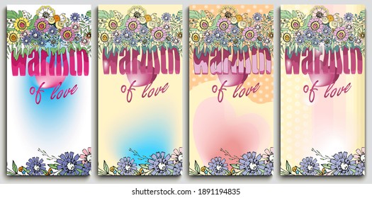A set of postcards.Four postcards in different colors.The warmth of the heart. On Valentine's Day for lovers. Colorful collection of vertical drawings. To a loved one. Congratulations for the printing