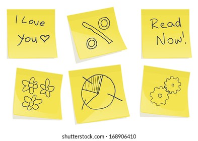 Set of posted notes with various symbols, vector illustration