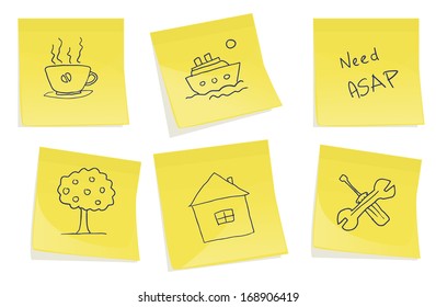 Set of posted notes with various symbols, vector illustration