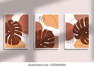  Set of poster abstract boho tropical leaves with organic shapes design wall art or social media background design