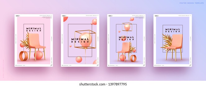 Set poster. Abstract minimal background. Geometric 3d shapes. Design Art composition realistic chairs, air gel balloon, round ball, palm branch, metal golden objects. Pink and gold