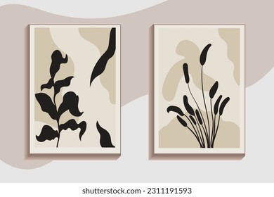 Set Poster Abstract minimalist floral backgrounds. Boho posters plant silhouettes contemporary mid century aesthetic.