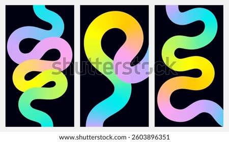 Set of poster with abstract river, snake, rainbow curve smooth line, neon gradient. Empty web banner with swirled colored ribbon shape with loop on black background. Vector EPS10 1920,1080