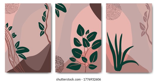 Set poster of Abstract trendy universal art template background with branches and leaves. Multi-colored spots and patterns of dots. Hand-drawn plants and creepers