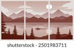 set of poster angler fishing in a lake with views of mountains illustration design