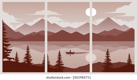 set of poster angler fishing in a lake with views of mountains illustration design