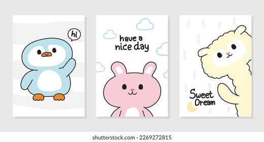 Set of poster for baby and kid.Animal character cartoon design.Penguin,rabbit,alpaca hand drawn.Card printing.Kawaii.Vector.Illustration