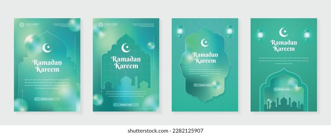 Set Poster Background Ramadan Kareem and Eid Mubarak Islamic with Glass Morph Holographic