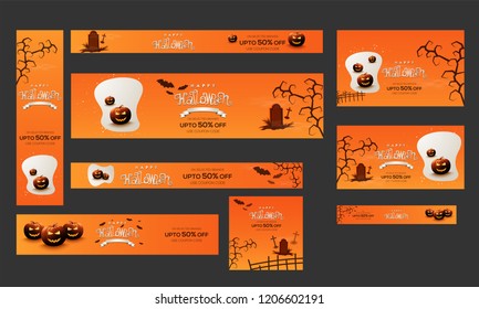 Set of poster, banner and template design upto 50% discount offer for Happy Halloween sale.