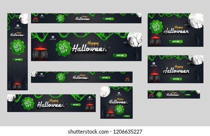 Set of poster, banner and template design flat 50% discount offer for Happy Halloween sale.