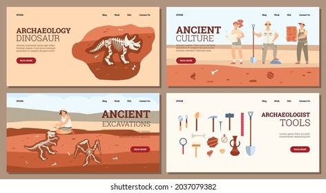 Set Of Poster Or Banner Templates With Archaeological Concept In Flat Cartoon Style Vector Illustration. Archaeologists At Excavations, Dinosaur Skeleton And Bones, Tools, Scientific Discoveries