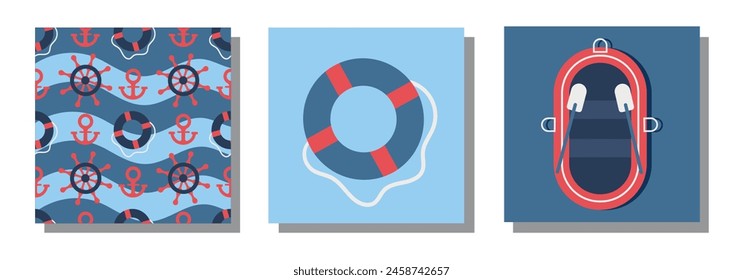 A set of poster banners on a marine theme with a lifebuoy and a boat. Vector illustration for wall decoration, children's rooms, cafes