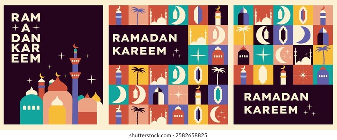 Set of poster in bauhaus style. Blessed holiday of Ramadan Kareem, Raya Hari, Eid al-Adha. Arabic. Mosque. Modern geometric shapes. Hijri. 1445. Pattern. Islamic culture. Mosque. Lantern and crescent