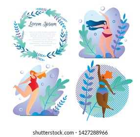 Set Poster Beautiful Wreath and Dancing Girls. Card with Frame Leaves and Grass. Girls in Bathing Suits Dancing and Having Fun, Enjoying their Summer Vacation. Vector Illustration.