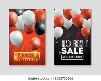 set poster black friday with balloons helium decoration vector illustration design