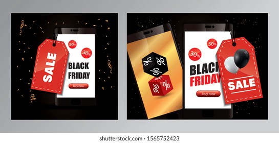 set poster of black friday with smartphone and decoration vector illustration design
