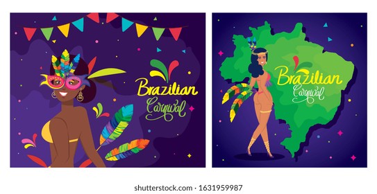 set poster of brazil carnival with decoration vector illustration design