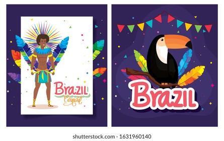 set poster of brazil carnival with decoration vector illustration design