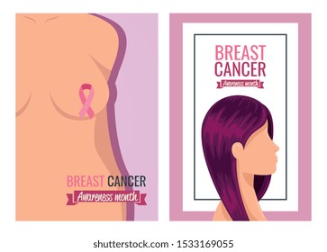 set of poster breast cancer awareness month with decoration vector illustration design
