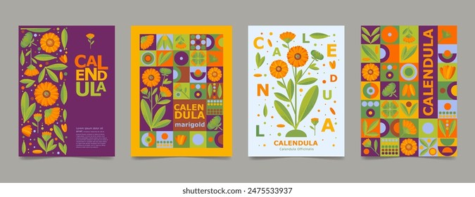 Set poster, brochure with calendula drawing. Isolated flower and leaves. Cards geometry for print design vector banner