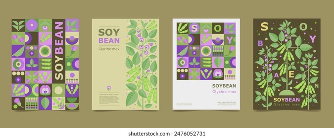 Cartel de conjunto, folleto con dibujo de soja. Flor, frijoles y hojas aislados. Geometría de tarjeta para Anuncio de Vector de diseño de impresión