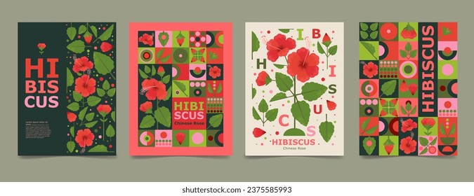 Set poster, brochure with Hibiscus drawing. Isolated flower and leaves. Cards geometry for print design vector banner