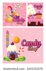 set poster of candy shop and caramels decoration vector illustration design