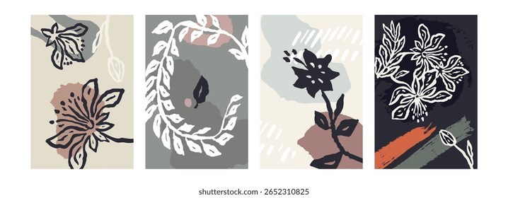 Conjunto de póster o tarjeta con pincel de tinta boceto abstracto de flores y hojas de fondo de Formas orgánicas. Paquete de composición floral minimalista para portada, arte de pared o diseño de folletos. Ilustración vectorial