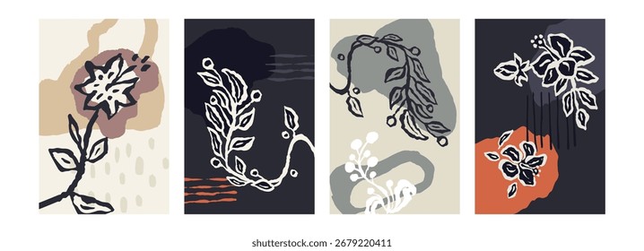 Set of poster or card with ink brush abstract sketch flowers and leaves organic shapes background. Minimalist floral composition bundle for cover, wall art or brochure design. Vector illustration