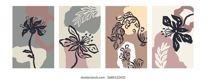 Set of poster or card with ink brush abstract sketch flowers and leaves organic shapes background. Minimalist floral composition bundle for cover, wall art or brochure design. Vector illustration