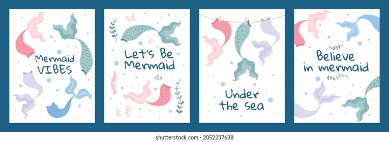 Set of poster or card templates with mermaid tails in flat cartoon vector illustration isolated on white background. Underwater fairy world, beautiful fantasy for girls.
