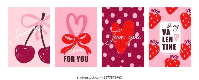 Set poster, cards for Happy Valentines Day in retro trendy style with heart, cherry and bows. Romantic and love elements. Vector modern design, decor, print