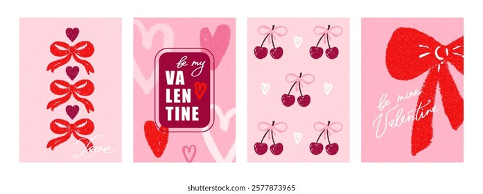 Set poster, cards for Happy Valentines Day in retro trendy style with heart, bows and cherry. Romantic and love elements. Vector modern design, decor, print