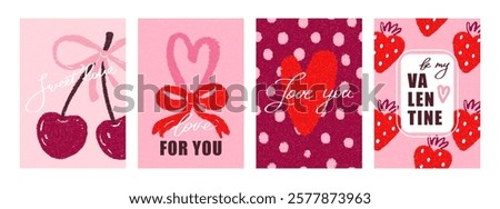 Set poster, cards for Happy Valentines Day in retro trendy style with heart, cherry and bows. Romantic and love elements. Vector modern design, decor, print