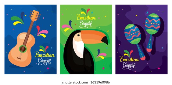 set of poster carnival brazil with decoration vector illustration design