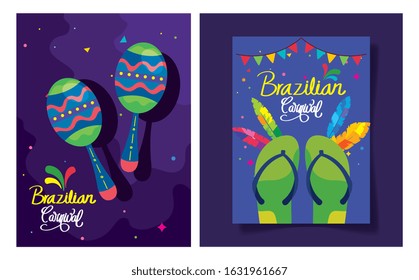 set of poster carnival brazil with decoration vector illustration design