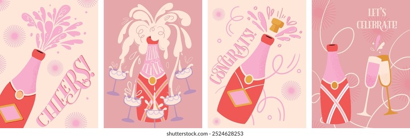 Set of poster with champagne. Champagne toast. Postcard for party, celebration