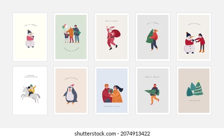 Set of poster for Christmas and New year congratulation. Winter holiday greeting cards with xmas decorations. decorations Cartoon vector hand drawn