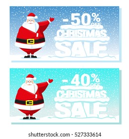 Set of poster Christmas sale with funny Santa Claus and text from big letters on snow isolated on white background. Concept design price label or web sites banner. Cartoon style. Vector illustration
