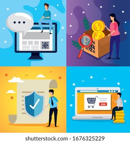 set poster of code qr and icons vector illustration design