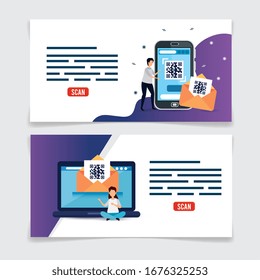 set poster of code qr and icons vector illustration design