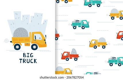 Set poster with construction vehicle and seamless pattern with red, blue and yellow truck. Illustration car in cartoon style for wallpaper, fabric, and textile design. Vector