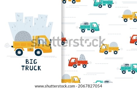 Set poster with construction vehicle and seamless pattern with red, blue and yellow truck. Illustration car in cartoon style for wallpaper, fabric, and textile design. Vector