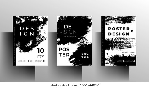 Set of poster, cover templates for book, magazine, booklet. Black and white design with brush strokes. Vector 10 EPS.