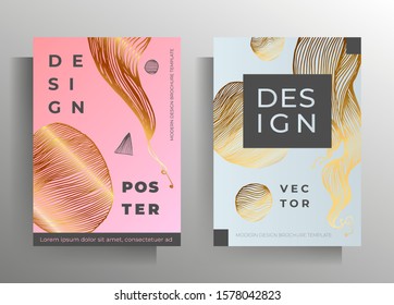 Set of poster, cover templates. Design with hand-drawn decorative gold elements on a gentle pastel background. Vector 10 EPS.