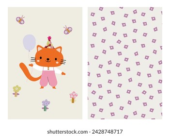 Set of poster with Cute cat and balloons , butterflies and abstract pattern . Creative floral background. Great for fabric, textile.Vector Illustration
